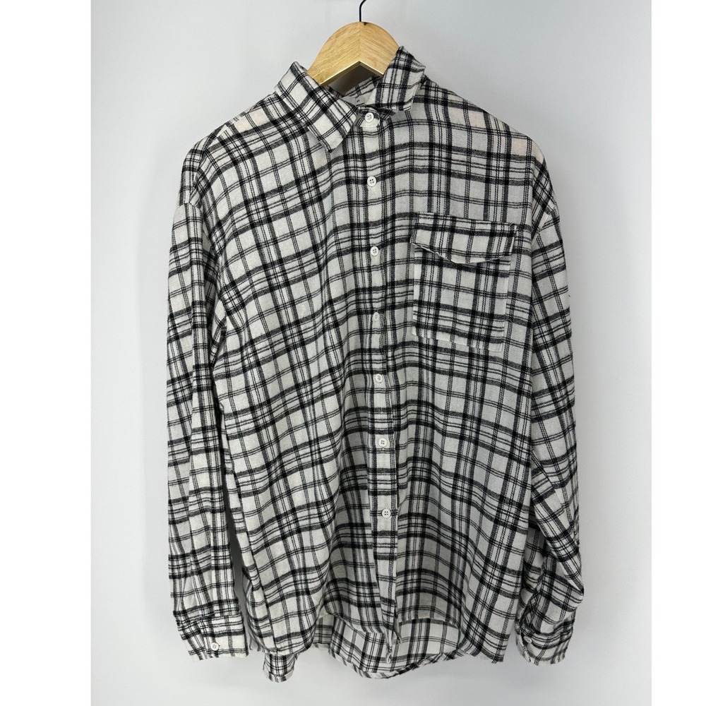 Adika Plaid Button Down Shirt Women Small Black White Flannel Long Sleeve Pocket